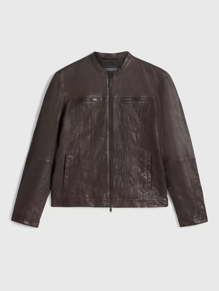 Leather & Outerwear | Tops>John Varvatos BRANDO BAND COLLAR JACKET CHARCBROWN