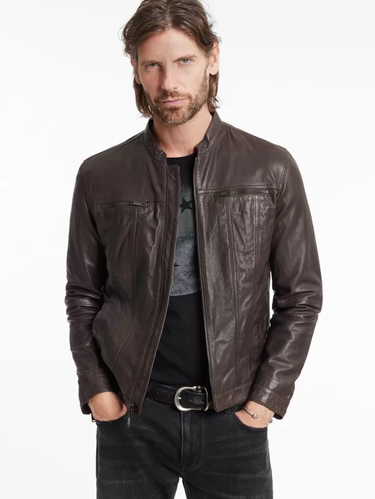 Leather & Outerwear | Tops>John Varvatos BRANDO BAND COLLAR JACKET CHARCBROWN